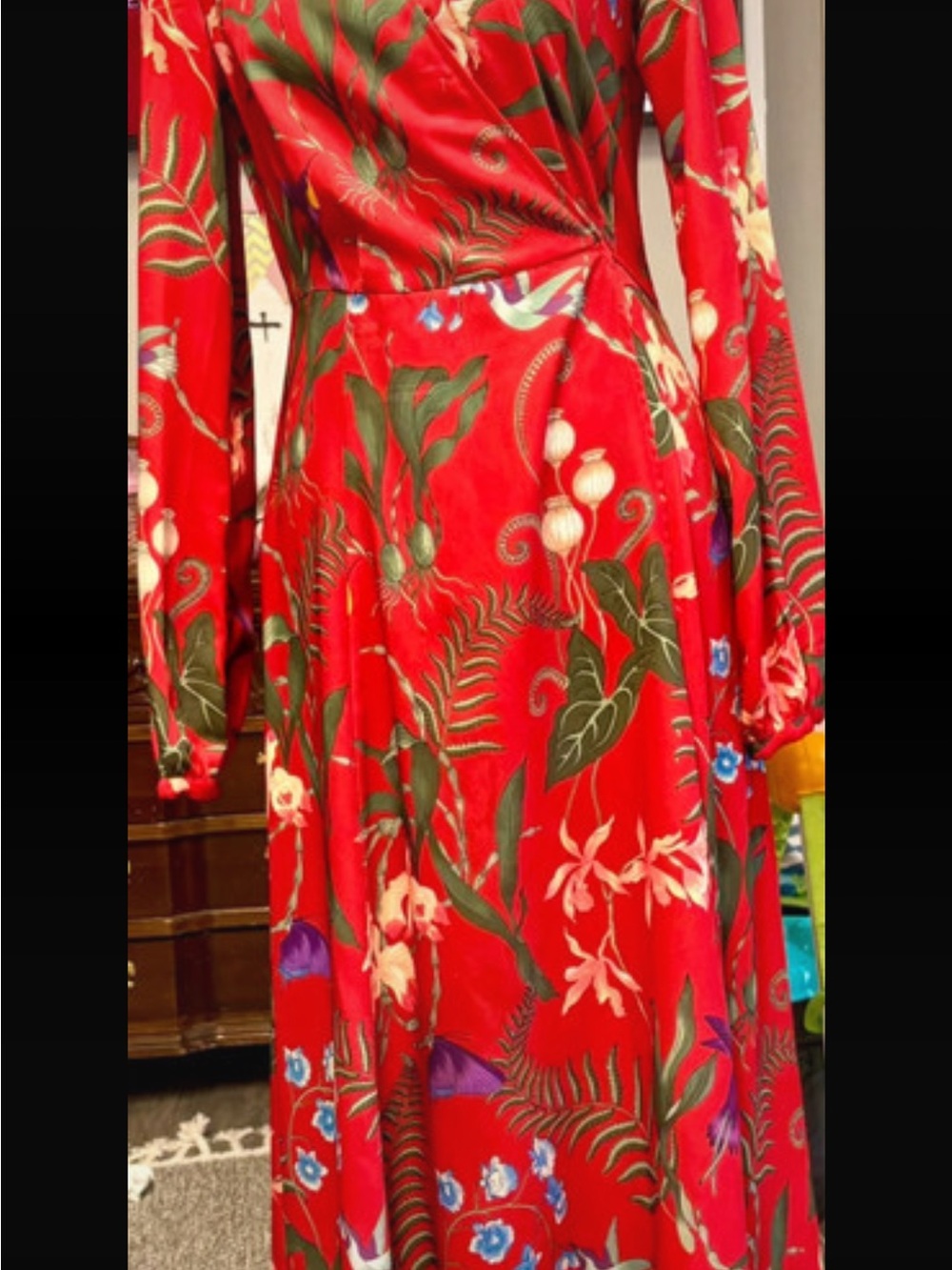 H&M Red Long-Sleeve Botanical Wrap Dress